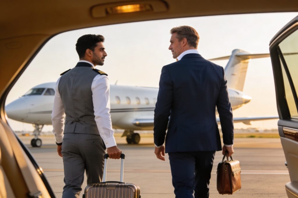 VIP airport concierge escort guiding a business traveler with luggage from a luxury car toward a private jet on the airport apron as part of Altanfeethi VIP Elite VIP airport meet and assist and Fast Track concierge service in Saudi Arabia.