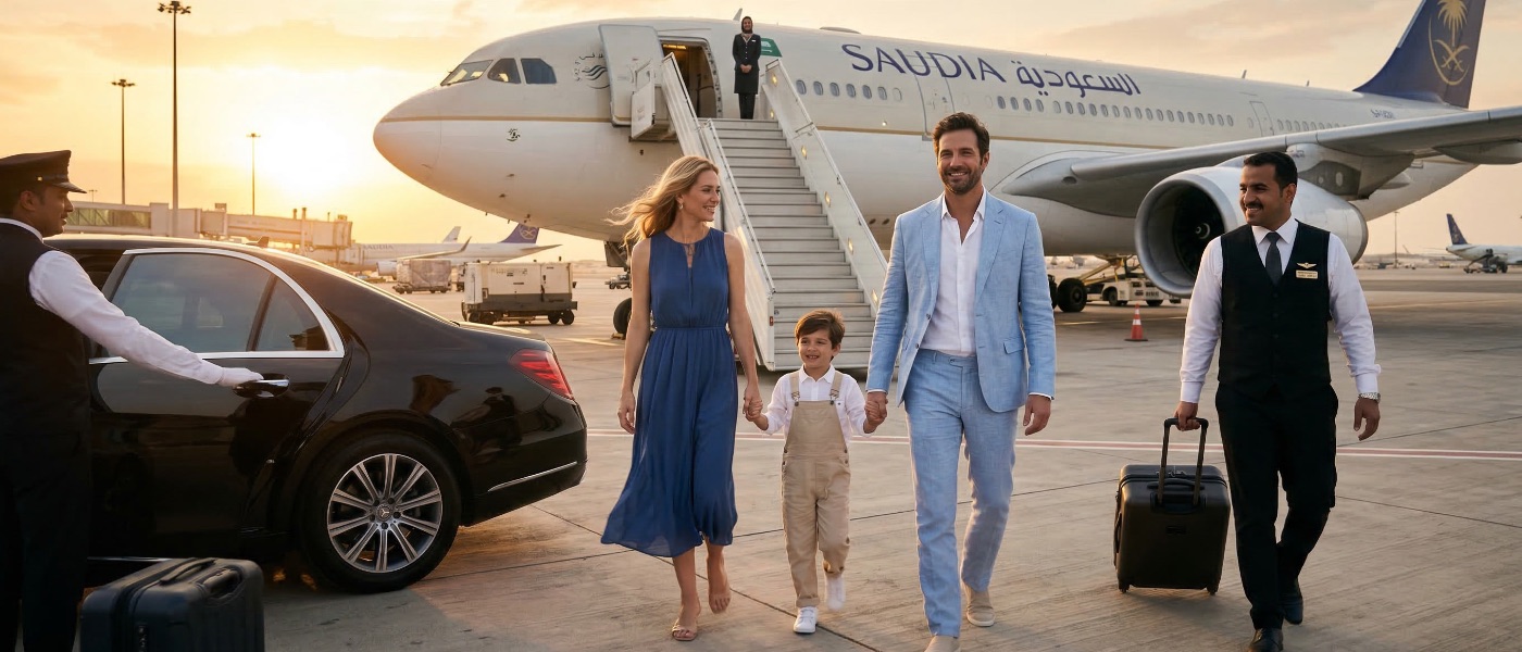 Family using Saudi Fast Track's Executive and Elite Airport VIP meet and assist service upon arrival at a Saudi Arabia airport.